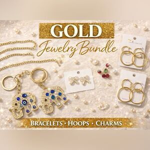 Gold Tone Jewelry Lot Bundle, 10 pieces | Bracelets, Earrings, Bag Charms. NEW!